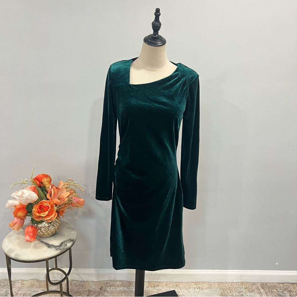 I.N.C. Teal Green Velvet Asymmetrical Neckline 3/4 Sleeves Short Dress Size M